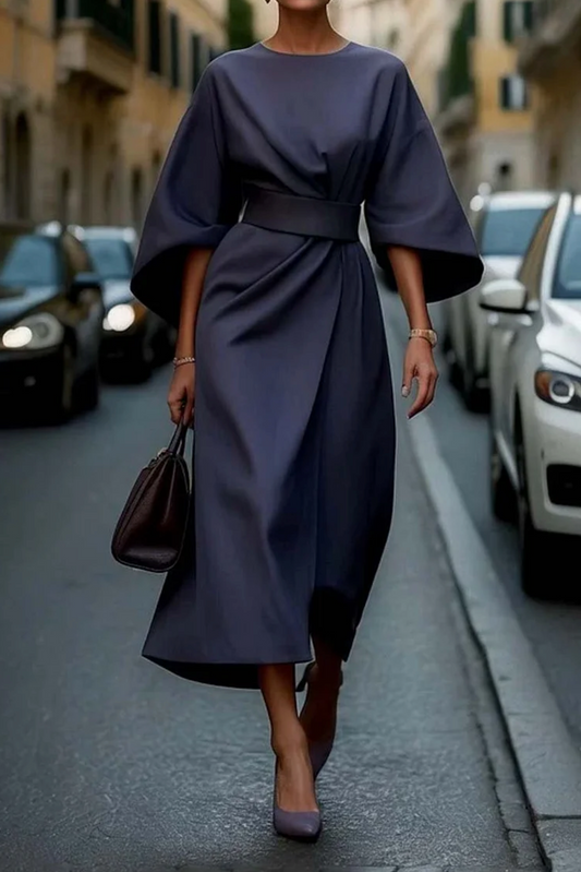Hazel™ | Women's Belted Midi Dress with Batwing Sleeves