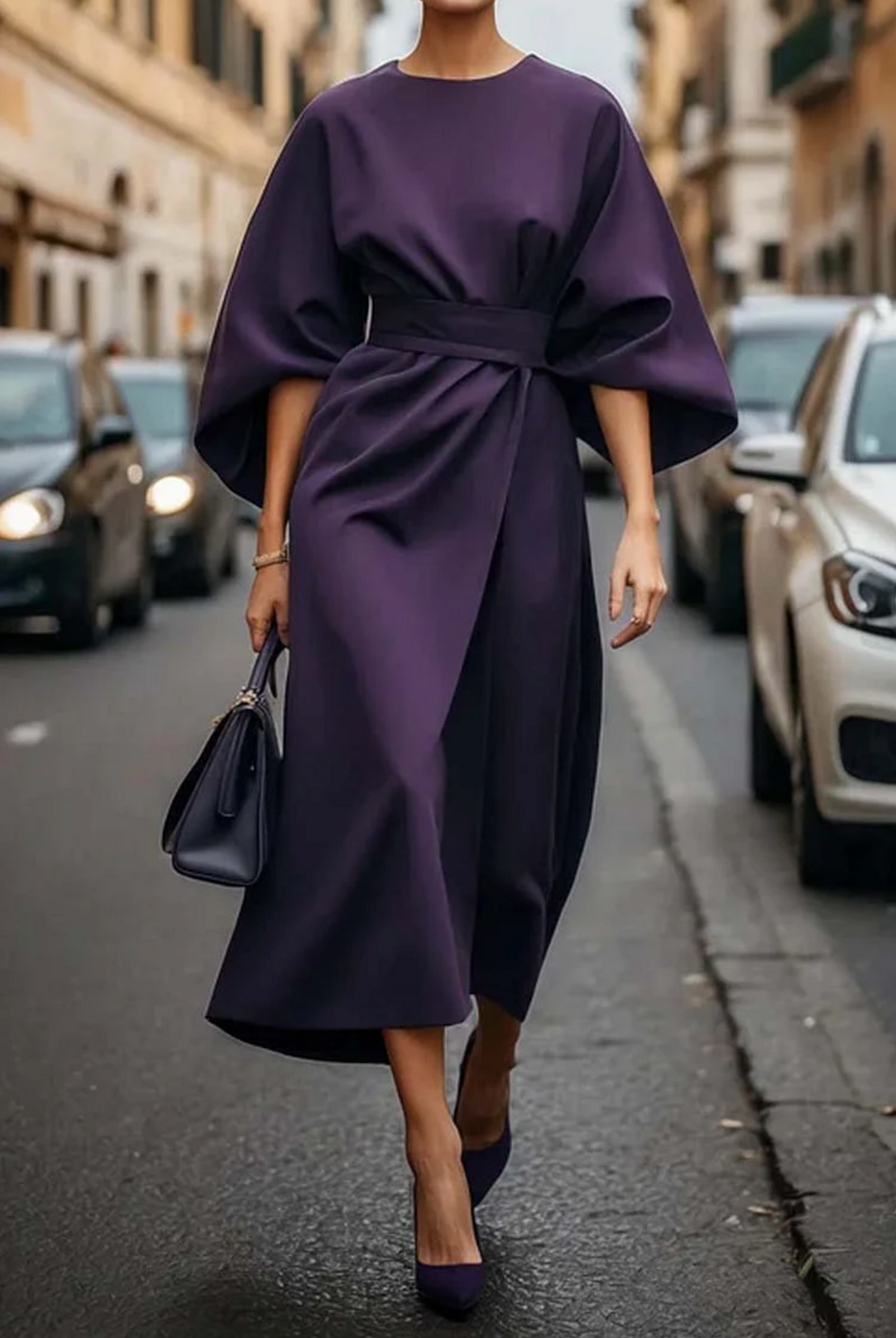 Hazel™ | Women's Belted Midi Dress with Batwing Sleeves