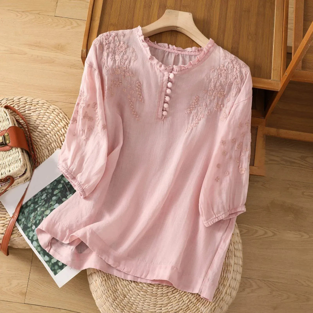 Hazel™ | Women's Embroidered Ruffle-Neck Blouse
