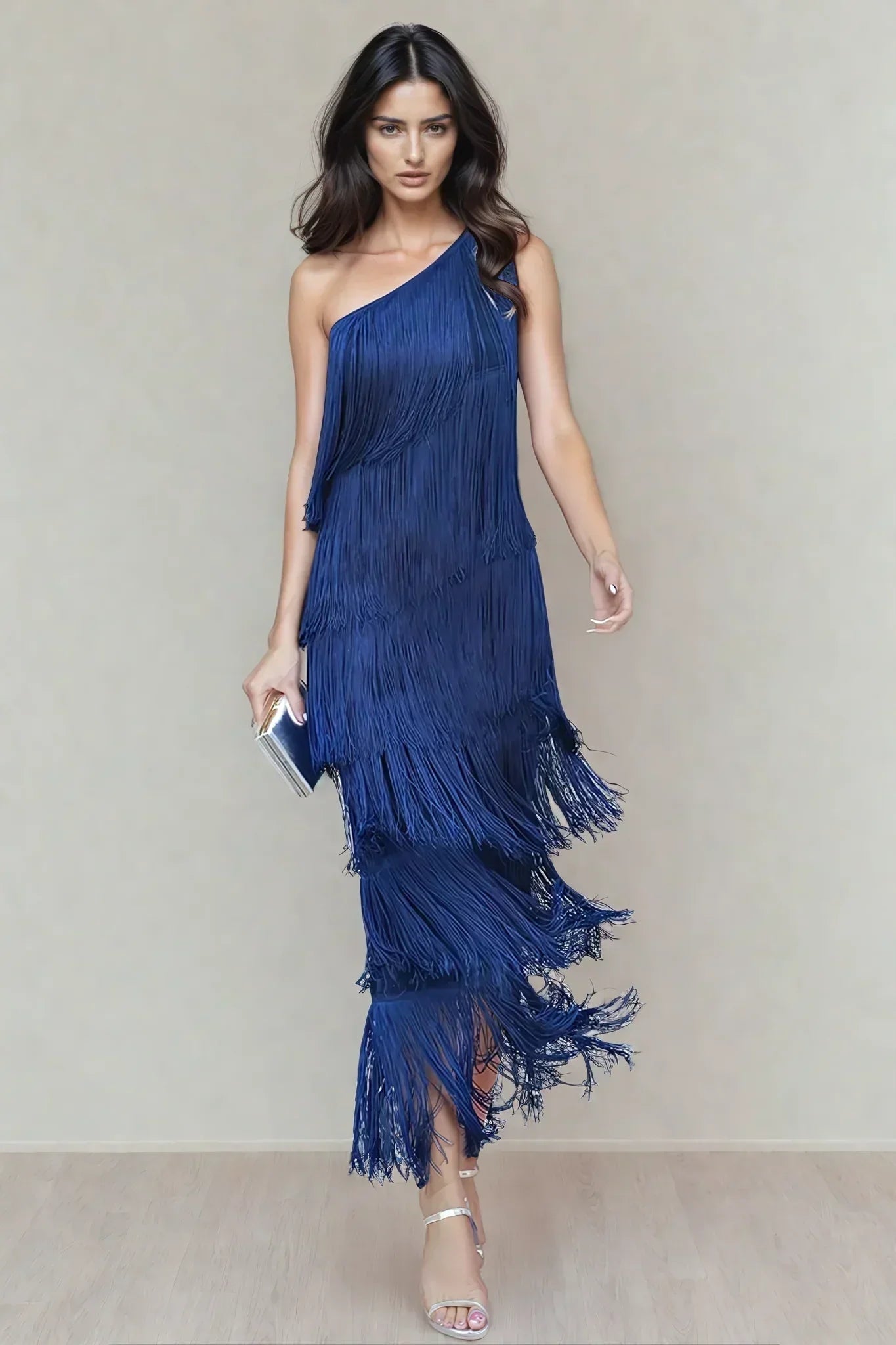 Women's One-Shoulder Tiered Fringe Maxi Dress