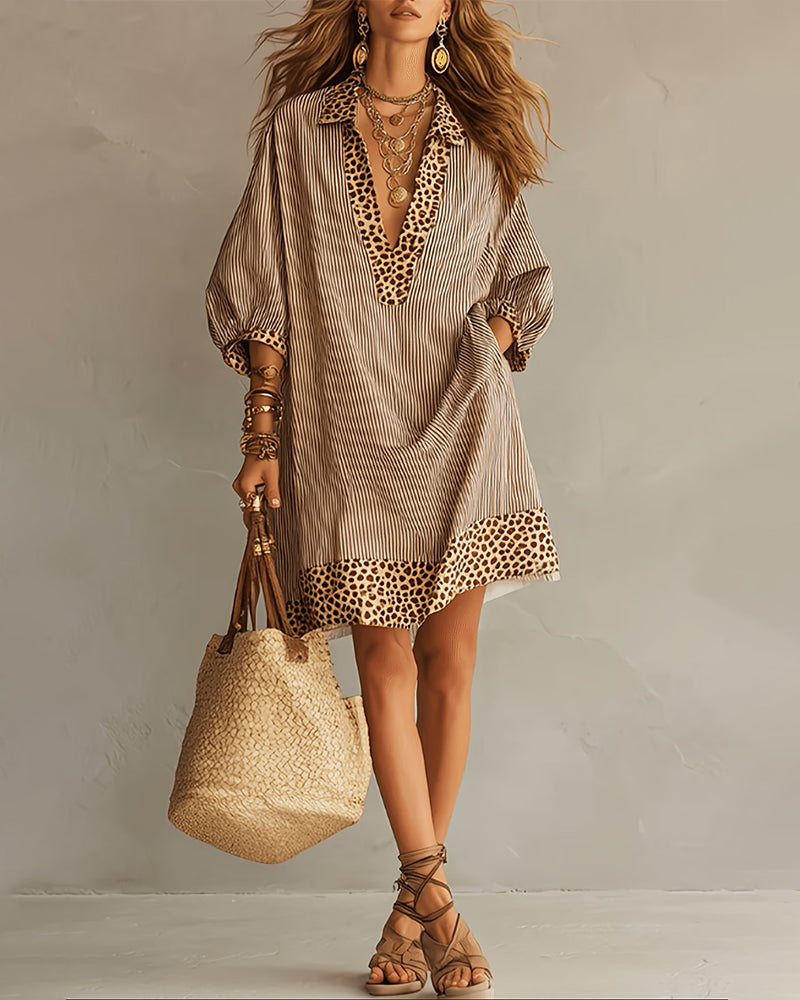 Women's Striped V-Neck Shirt Dress with Leopard Trim