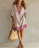 Sadie™ | Women's Striped V-Neck Shirt Dress with Leopard Trim