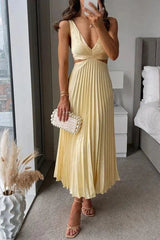Women's V-Neck Pleated Midi Dress with Cutouts
