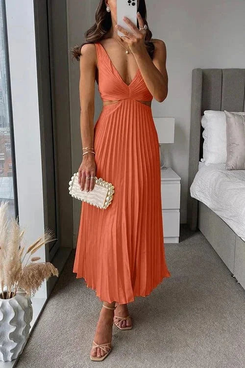 Women's V-Neck Pleated Midi Dress with Cutouts