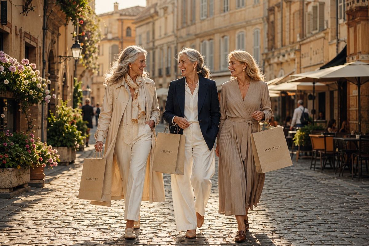 Three women shopping with Mayfield bags on a sunny European street during the Spring Sale