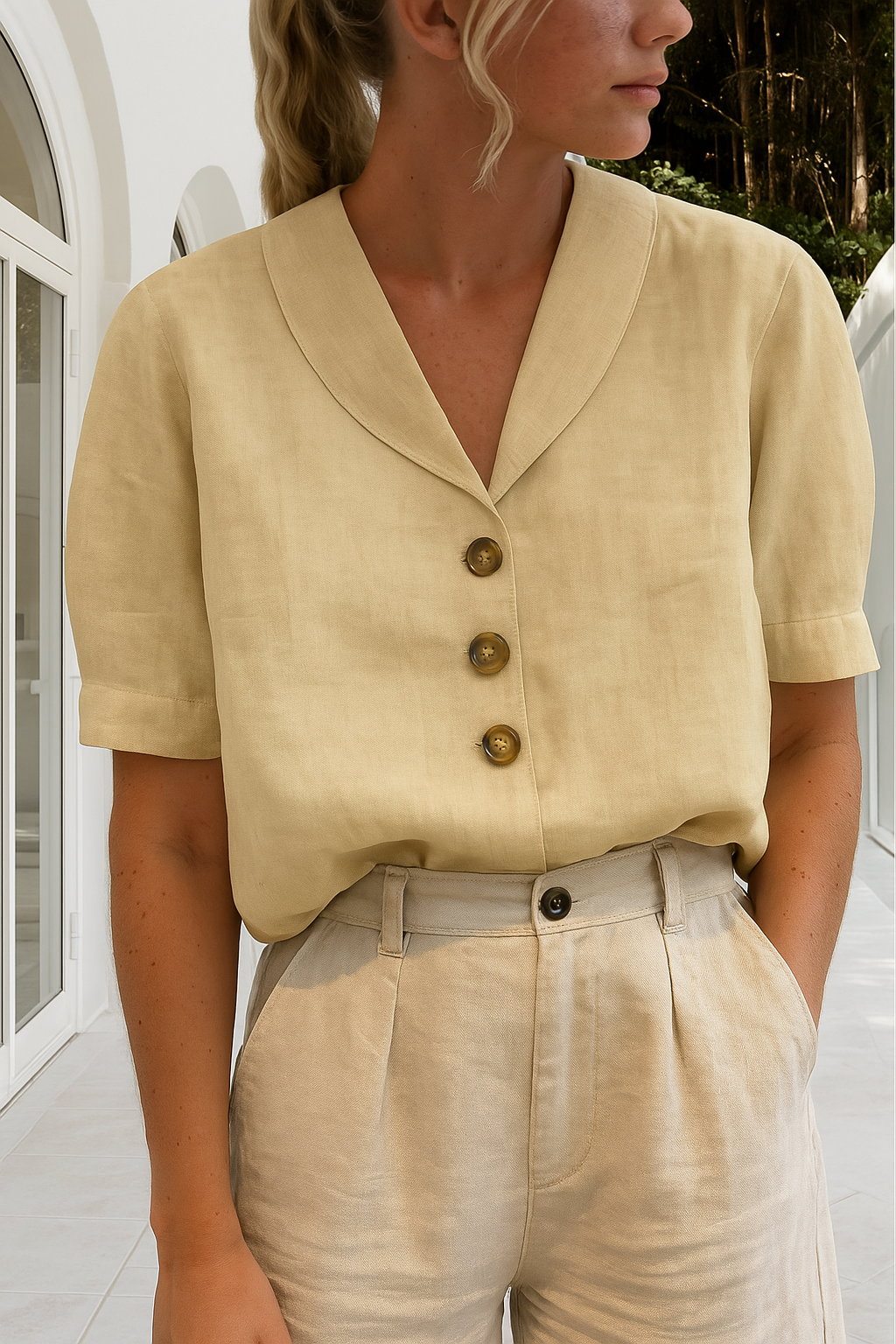 Edith™ | Women's Shawl-Collar Button-Front Blouse