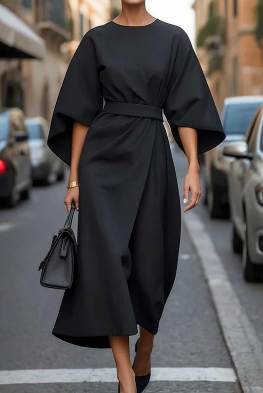 Hazel™ | Women's Belted Midi Dress with Batwing Sleeves