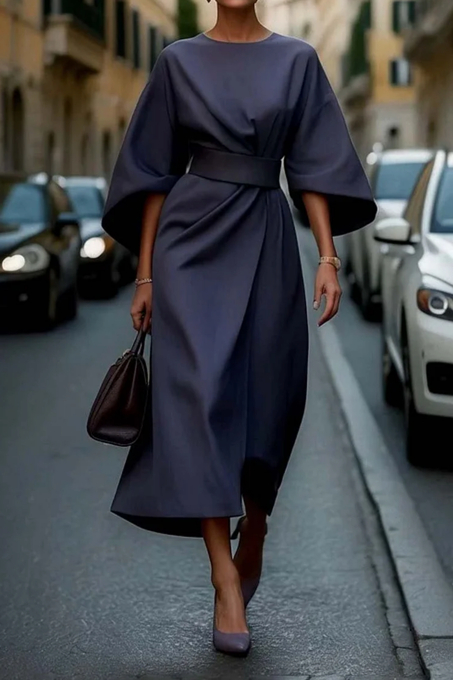 Hazel™ | Women's Belted Midi Dress with Batwing Sleeves