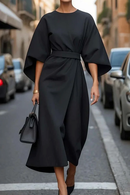 Hazel™ | Women's Belted Midi Dress with Batwing Sleeves