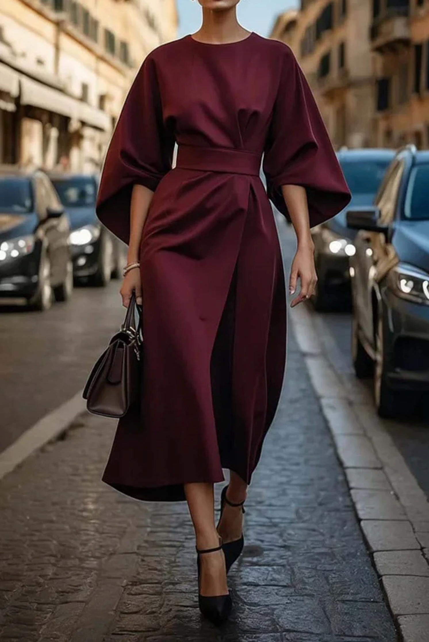 Hazel™ | Women's Belted Midi Dress with Batwing Sleeves