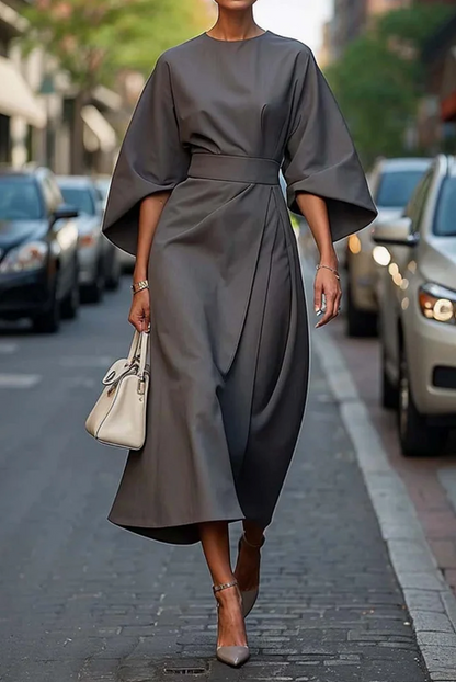 Hazel™ | Women's Belted Midi Dress with Batwing Sleeves