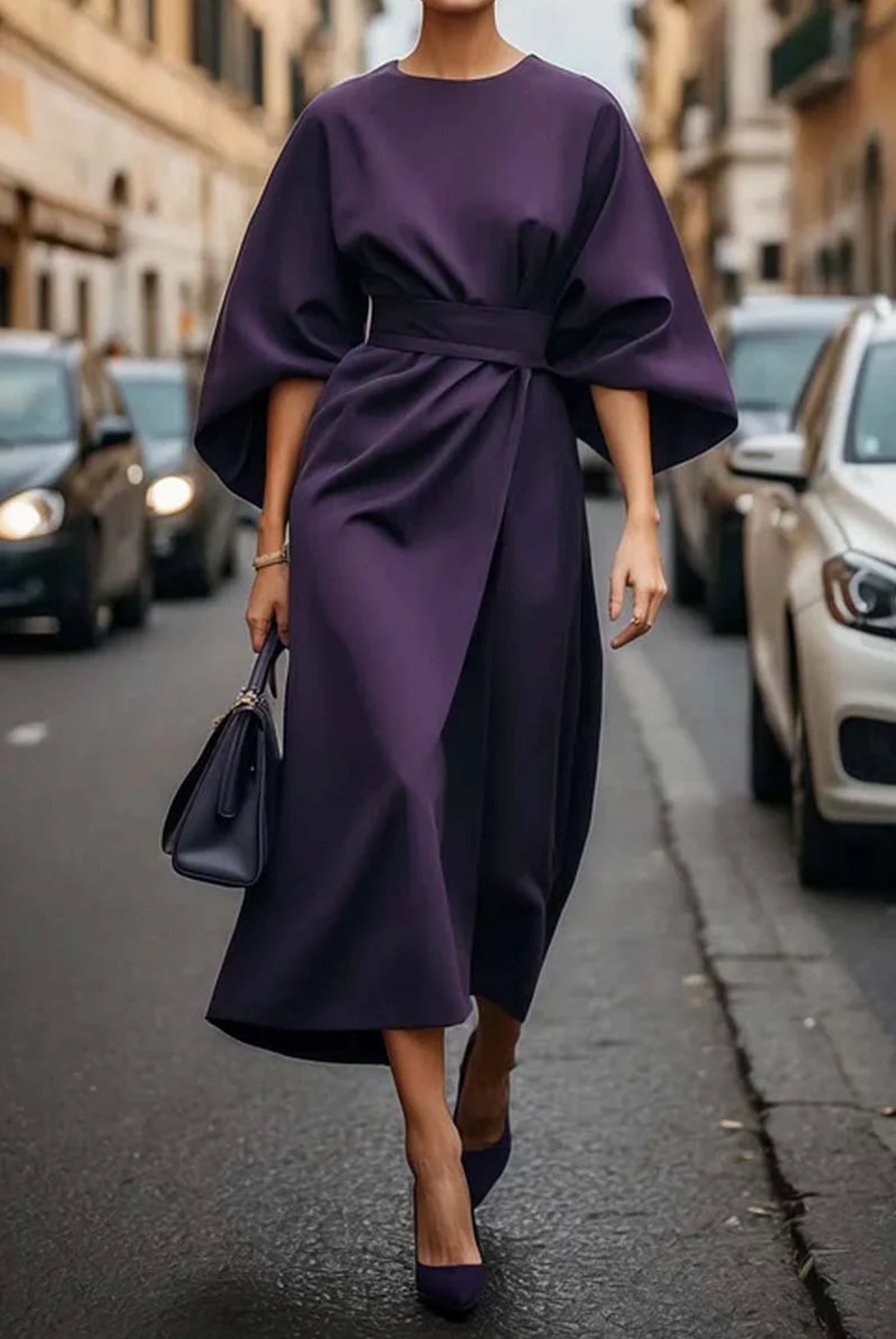 Hazel™ | Women's Belted Midi Dress with Batwing Sleeves