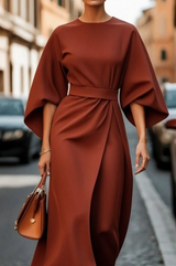Hazel™ | Women's Belted Midi Dress with Batwing Sleeves