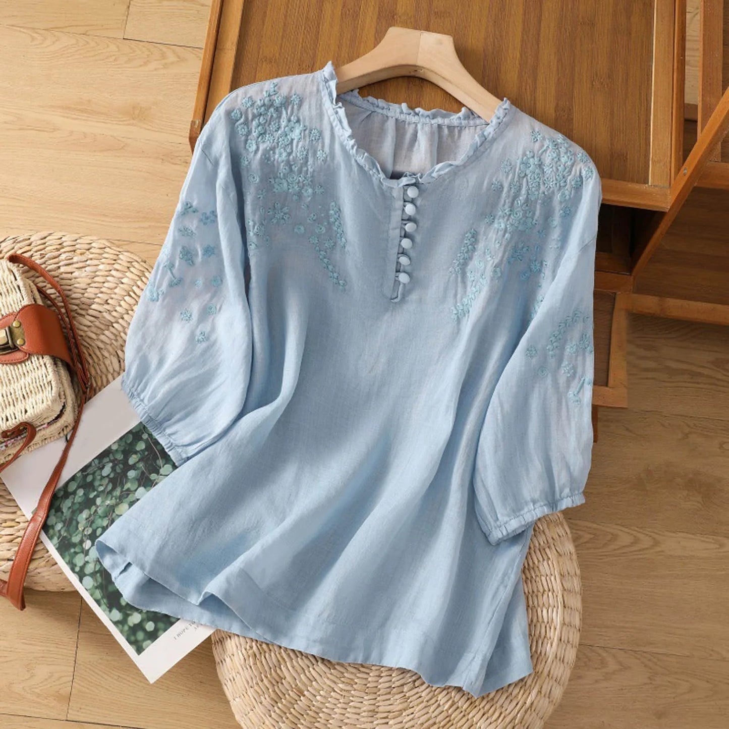 Hazel™ | Women's Embroidered Ruffle-Neck Blouse