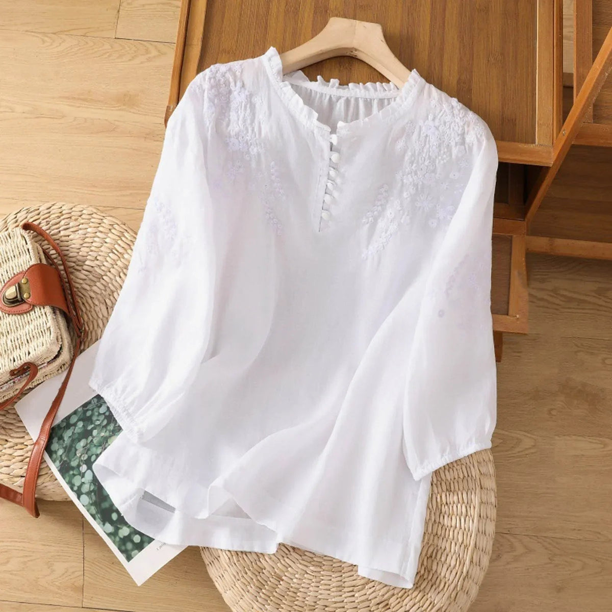 Hazel™ | Women's Embroidered Ruffle-Neck Blouse
