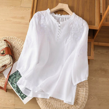 Hazel™ | Women's Embroidered Ruffle-Neck Blouse