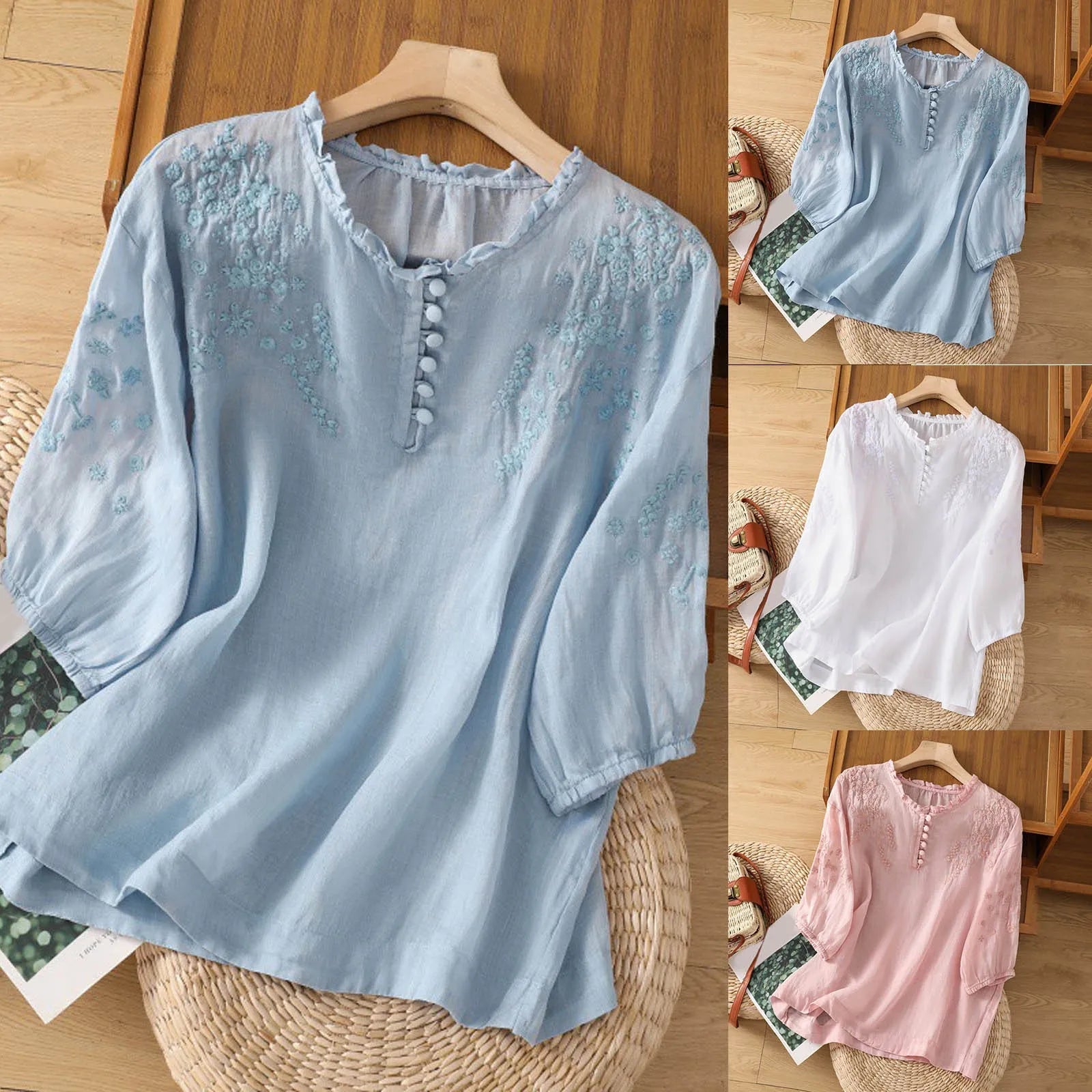 Hazel™ | Women's Embroidered Ruffle-Neck Blouse