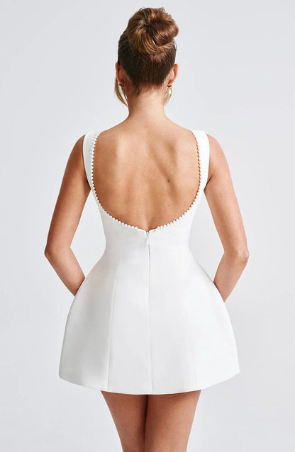 Hazel™ | Women's Open-Back Mini Dress with Pearl Trim