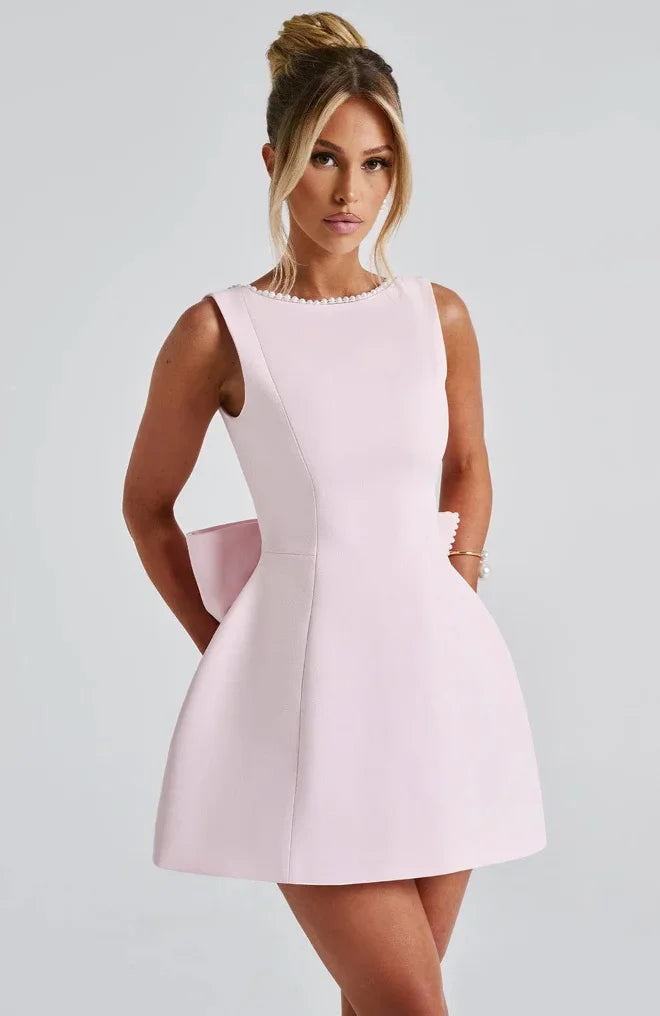 Hazel™ | Women's Open-Back Mini Dress with Pearl Trim