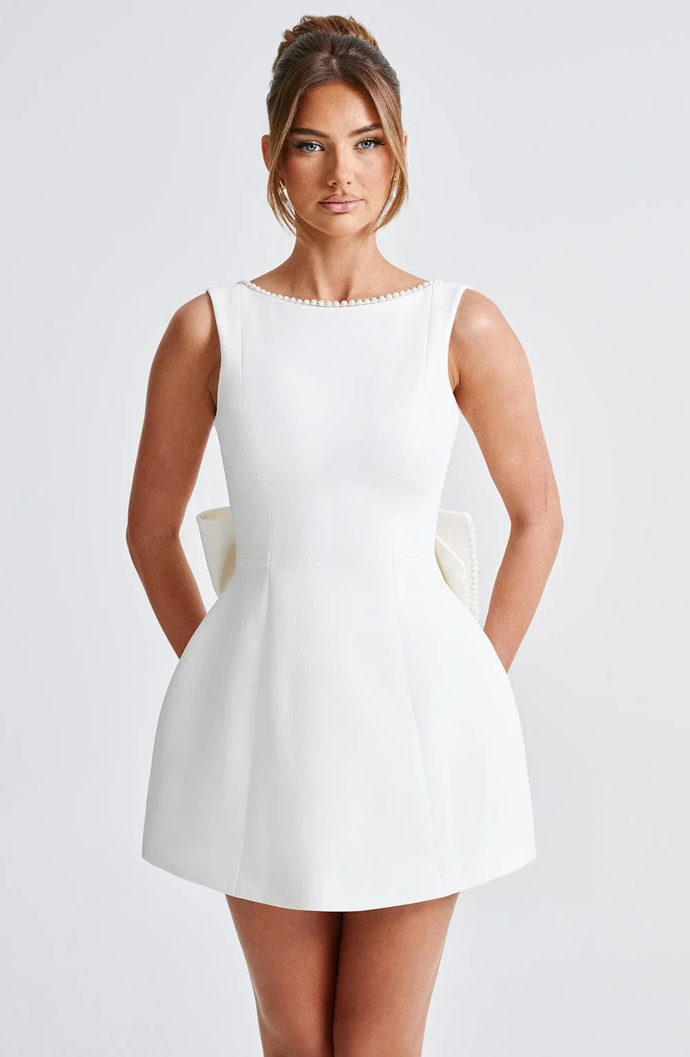 Hazel™ | Women's Open-Back Mini Dress with Pearl Trim