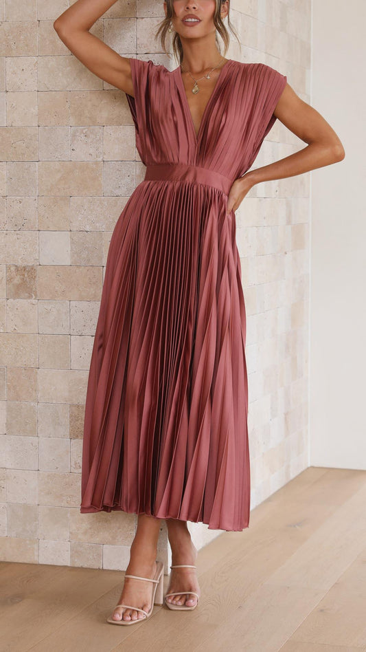 Hazel™ | Women's Pleated V-Neck Midi Dress
