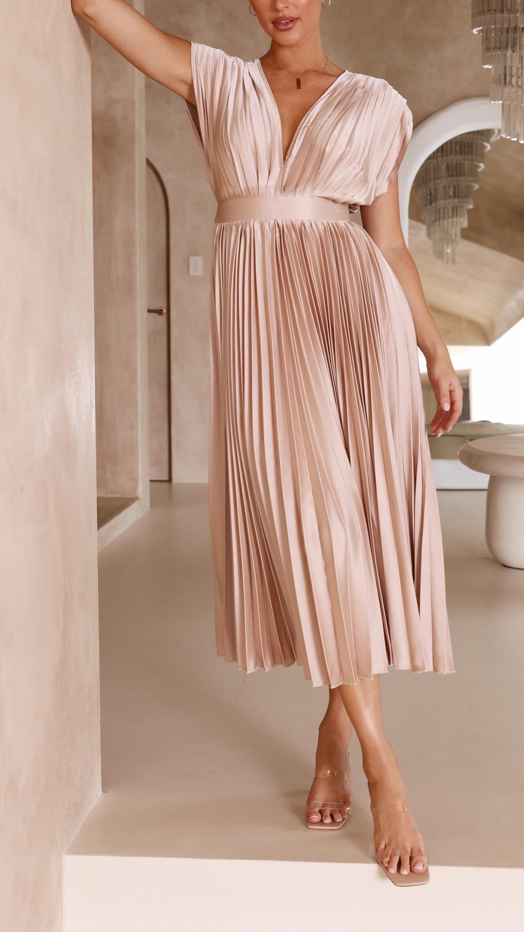 Hazel™ | Women's Pleated V-Neck Midi Dress