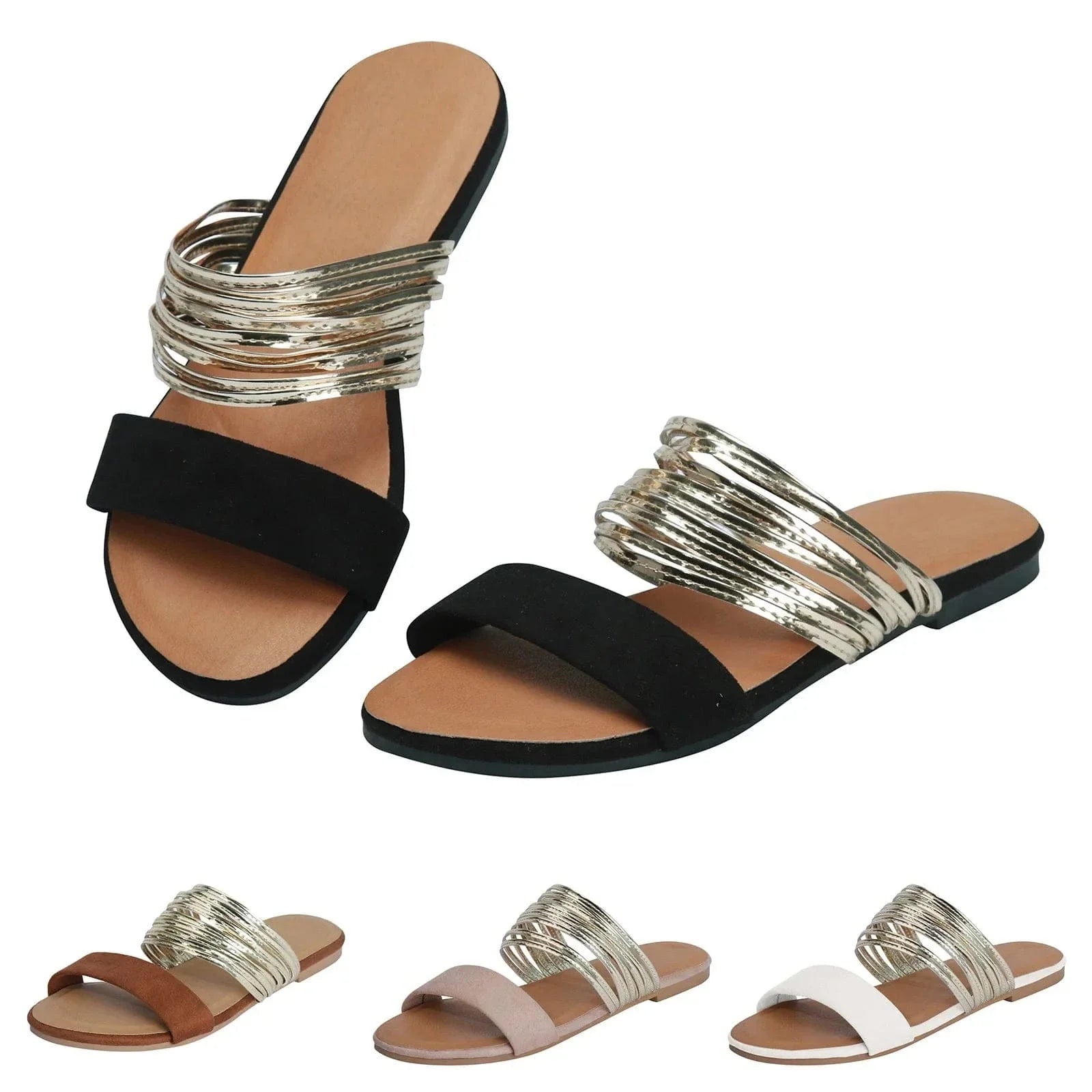 Sadie™ | Women's Flat Sandals with Gold Multi-Strap Detail