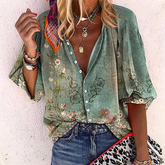 Women's Boho Print V-Neck Blouse