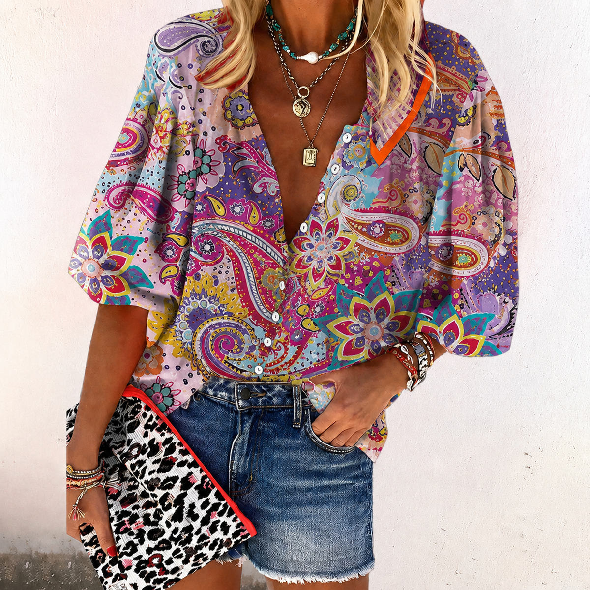 Women's Boho Print V-Neck Blouse