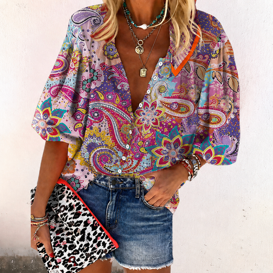 Women's Boho Print V-Neck Blouse