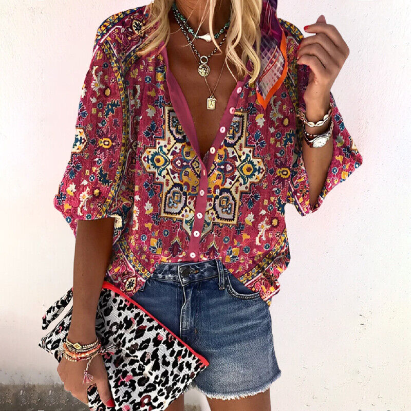 Women's Boho Print V-Neck Blouse