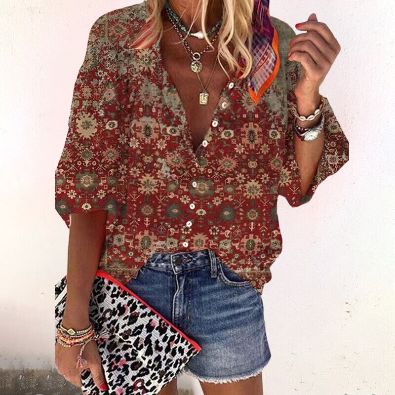 Women's Boho Print V-Neck Blouse