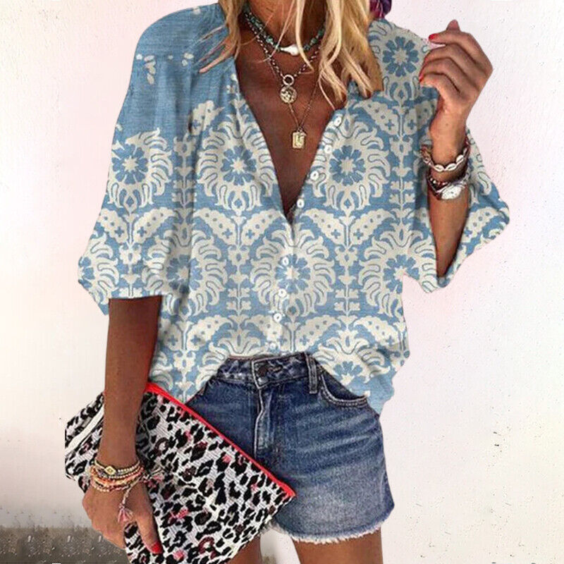 Women's Boho Print V-Neck Blouse