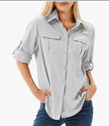 Women's Button-Down Safari Shirt with Roll-Up Sleeves