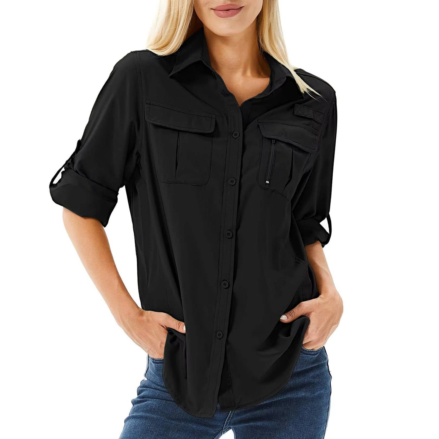 Women's Button-Down Safari Shirt with Roll-Up Sleeves