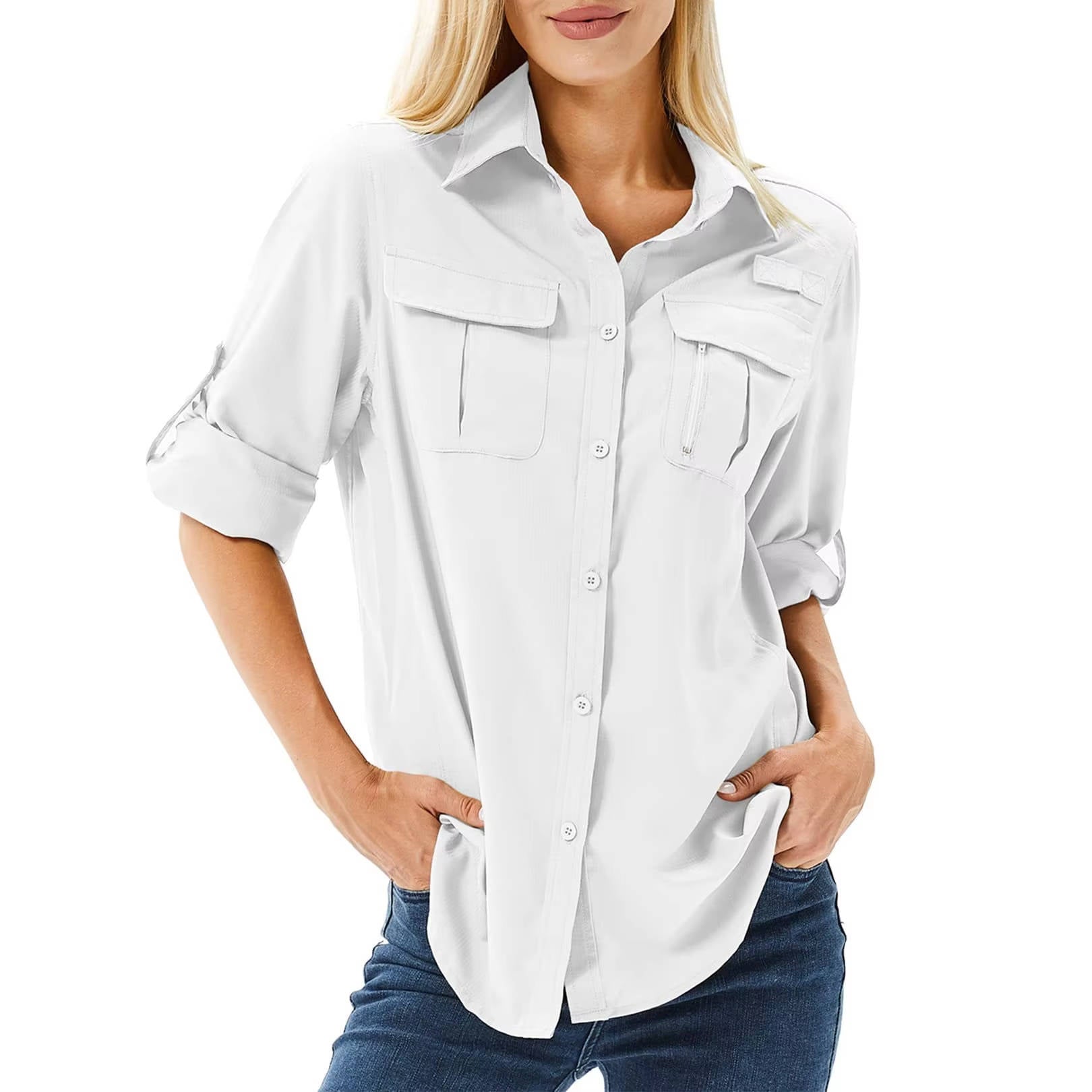 Women's Button-Down Safari Shirt with Roll-Up Sleeves