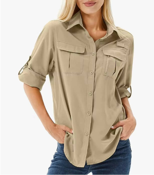 Women's Button-Down Safari Shirt with Roll-Up Sleeves