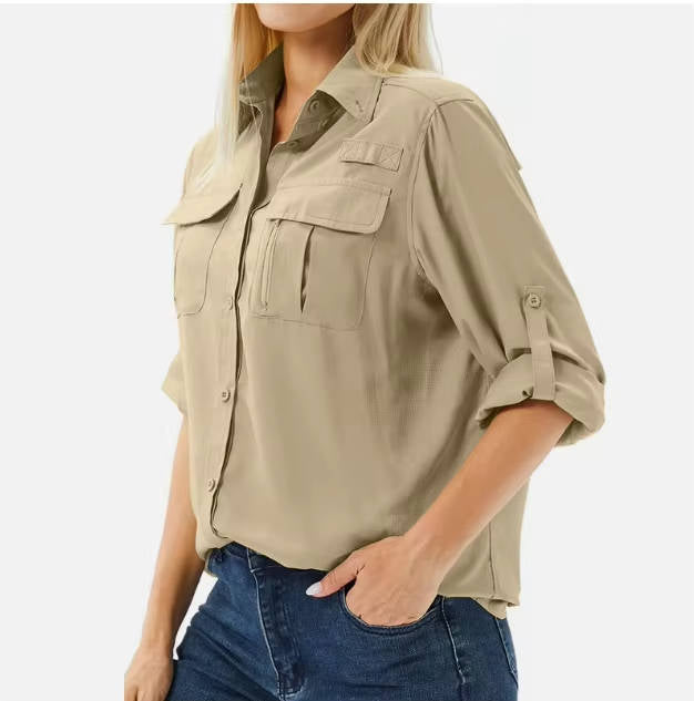 Women's Button-Down Safari Shirt with Roll-Up Sleeves