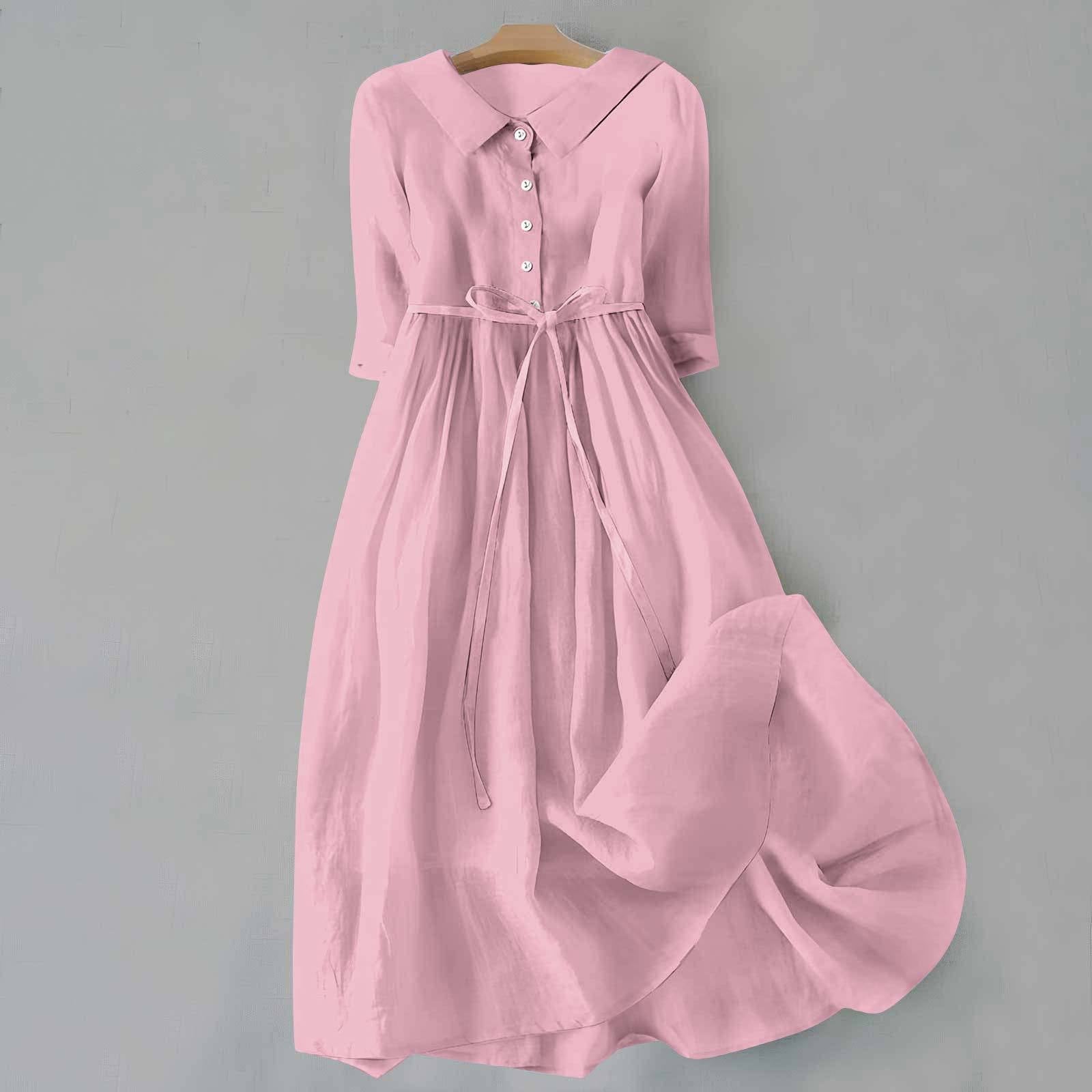 Women's Collared Midi Dress with Tie Waist
