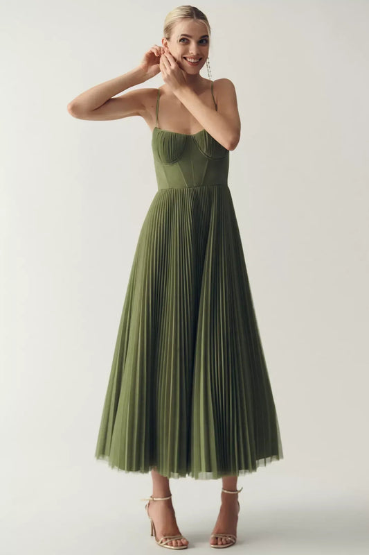 Women's Corset-Bodice Pleated Midi Dress