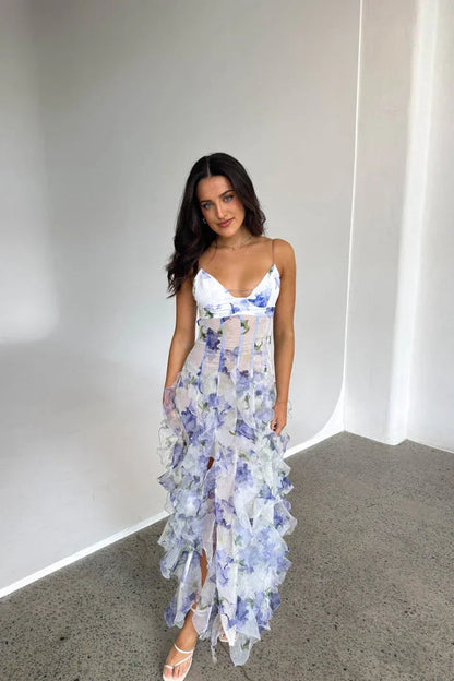 Women's Floral Ruffle Maxi Dress with Corset