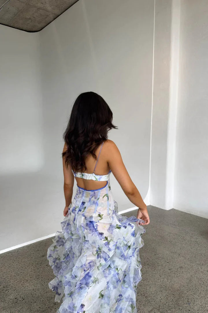 Women's Floral Ruffle Maxi Dress with Corset