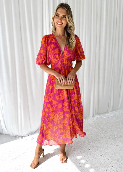 Women's Floral V-Neck Midi Dress