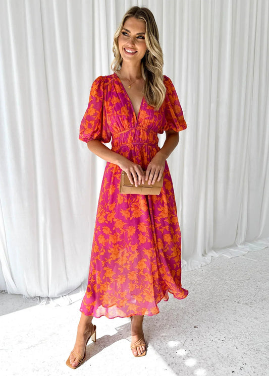 Women's Floral V-Neck Midi Dress