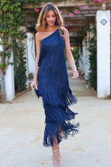 Women's One-Shoulder Tiered Fringe Maxi Dress