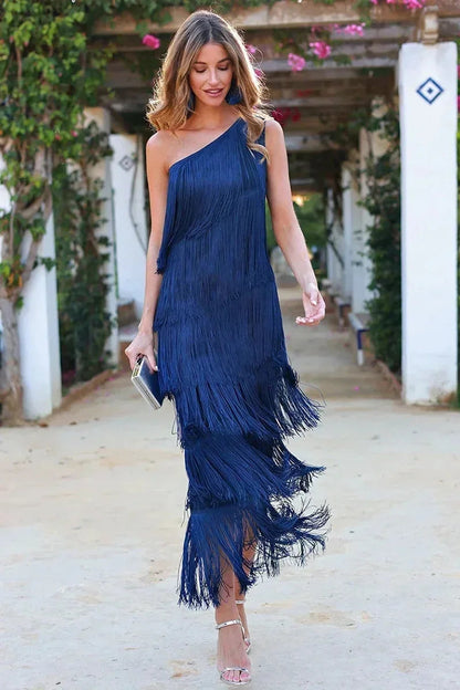 Women's One-Shoulder Tiered Fringe Maxi Dress