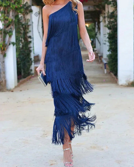 Women's One-Shoulder Tiered Fringe Maxi Dress