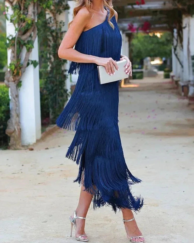 Women's One-Shoulder Tiered Fringe Maxi Dress