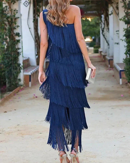 Women's One-Shoulder Tiered Fringe Maxi Dress