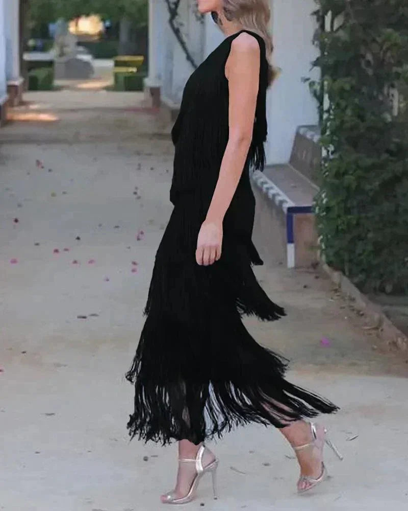 Women's One-Shoulder Tiered Fringe Maxi Dress